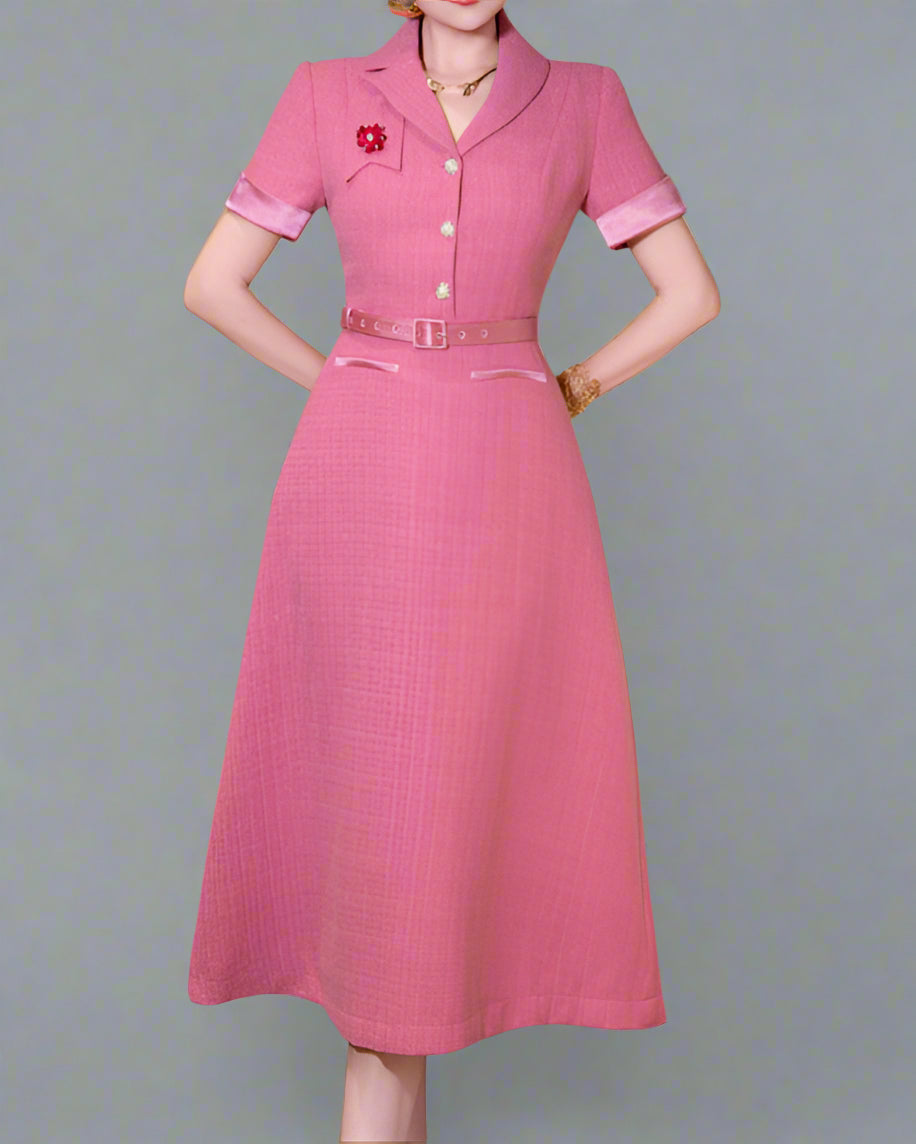 短袖中长连衣裙，配有3D花卉贴花 - BLOOMIQ 