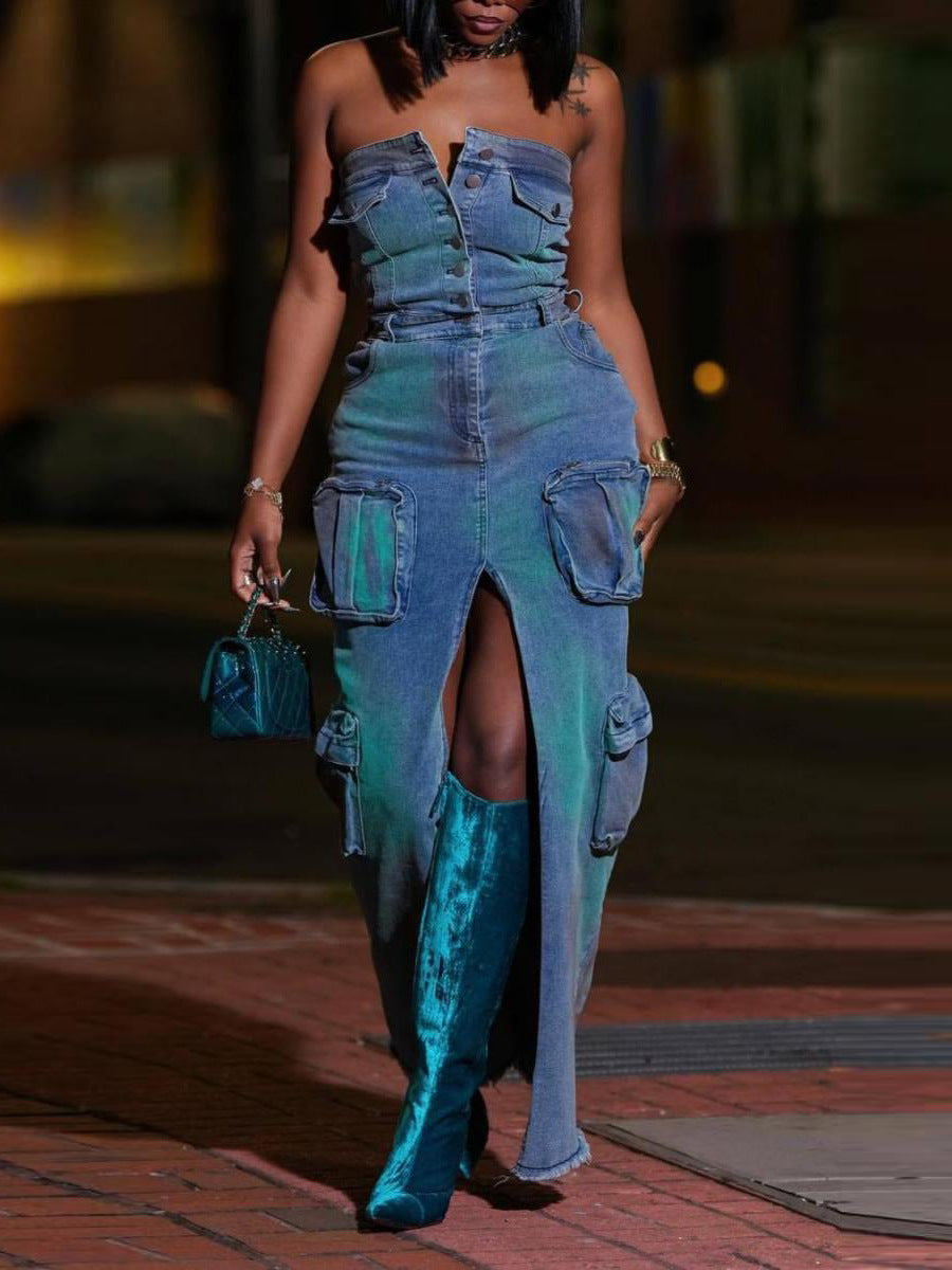 فستان ماكسي جينز بدون حمالات مع جيوب واسعة – رايلي