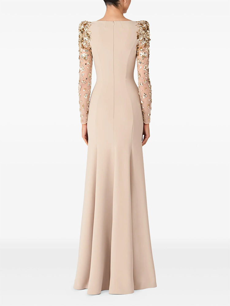 long column dress with embellished sheer sleeves - AUROXIA