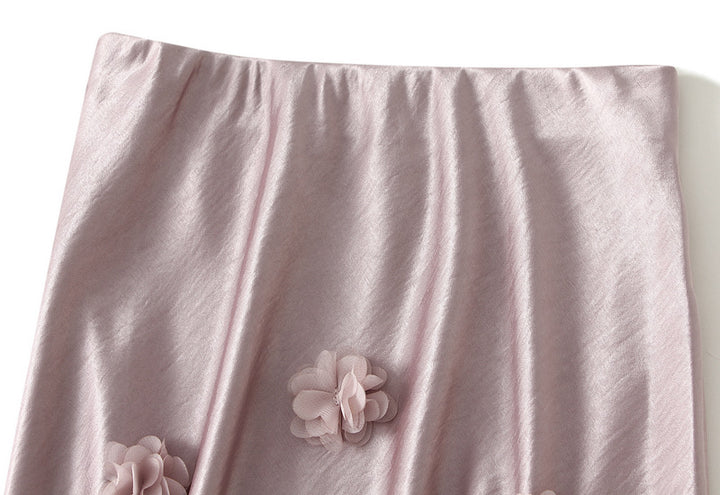 satin midi skirt with 3D floral appliqués – AMÉLIE
