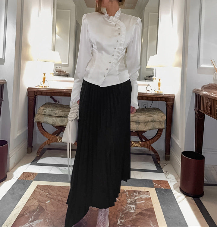 asymmetrical ruffle-front satin blouse – REGALIA
