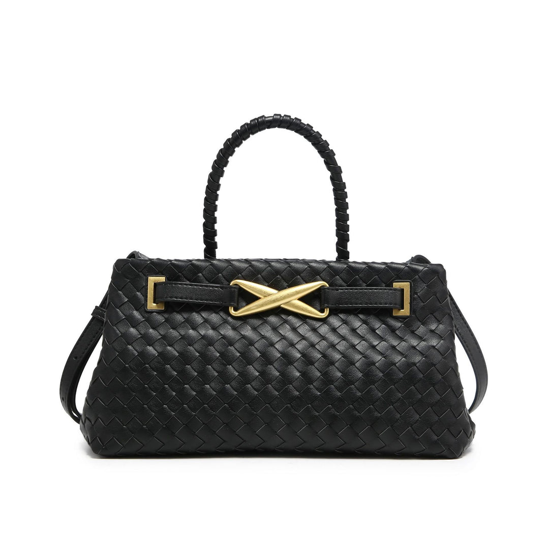 woven leather top-handle bag with gold X detail – AUREGIP