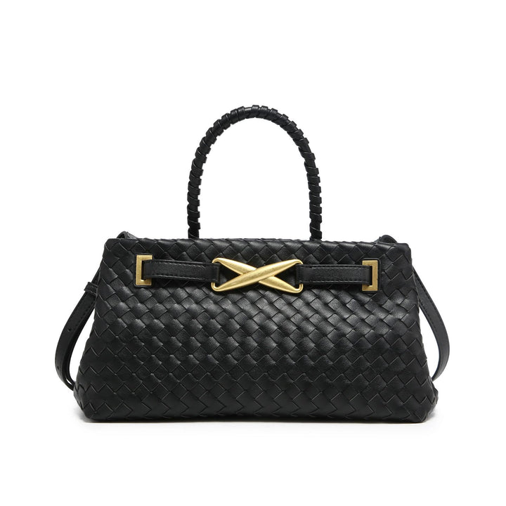 woven leather top-handle bag with gold X detail – AUREGIP
