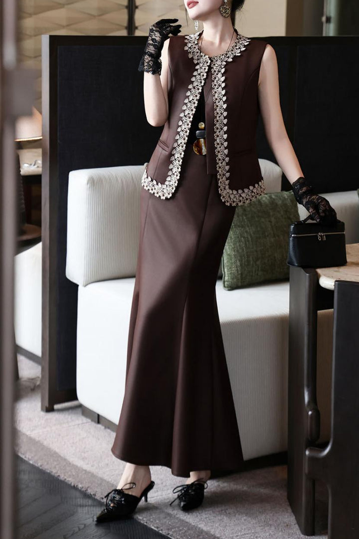 sleeveless tailored dress with embellished open-front vest – DARIYAH