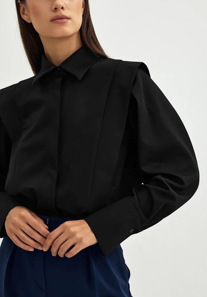 structured asymmetric shirt with deep V placket – NOIRÉ