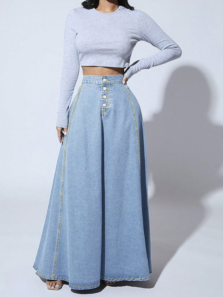 high-waist flared denim maxi skirt with front buttons – MAYA