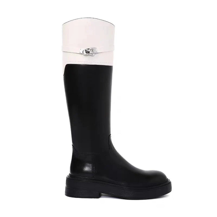Two-tone knee-high leather boots with side buckle - ALORAZO