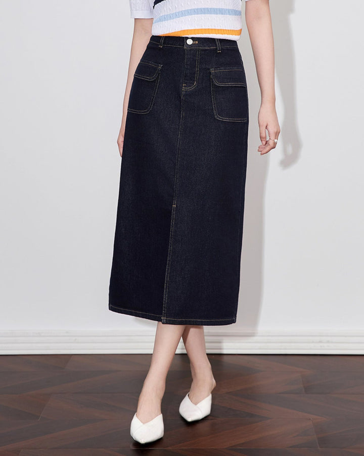 high-waisted denim skirt with front patch pockets – DANAX