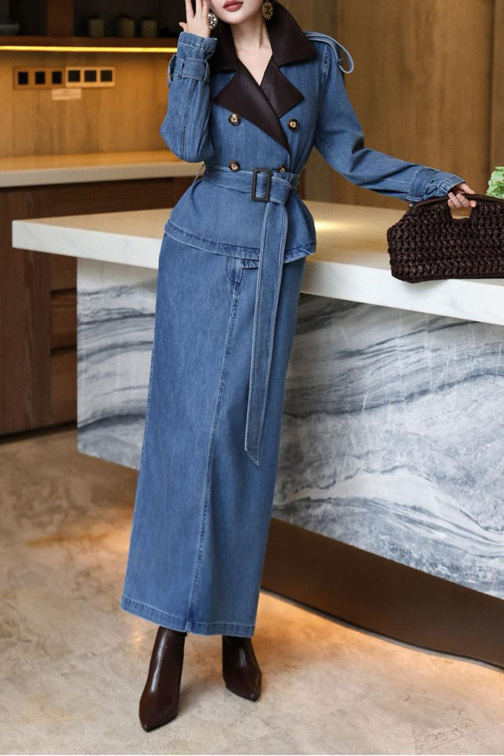 denim trench dress with contrast lapel & waist belt – RIVERA