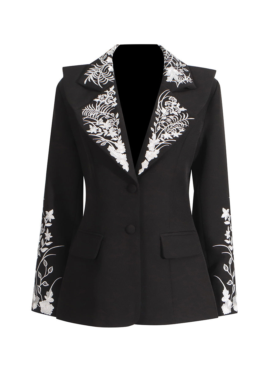 black blazer with floral embroidered lapels – AURELIA