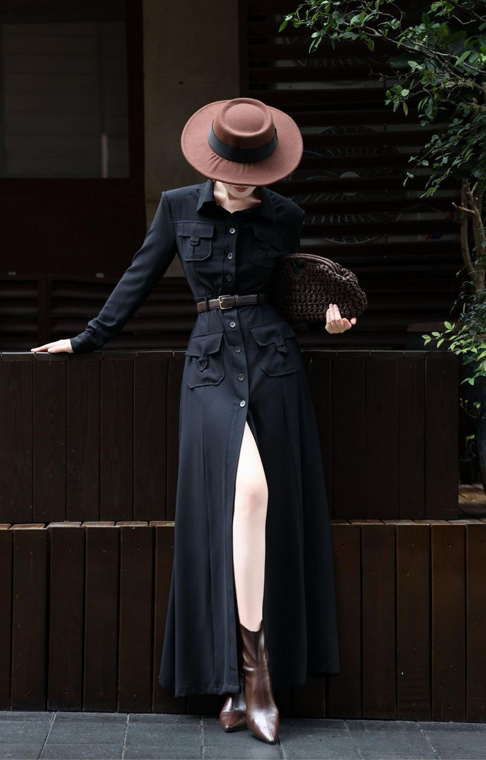 button-down military maxi dress with belted waist – NOIRE