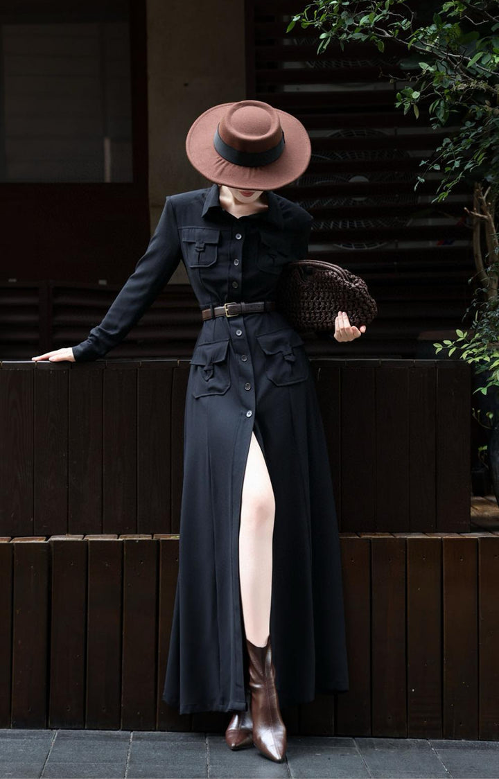 button-down military maxi dress with belted waist – NOIRE