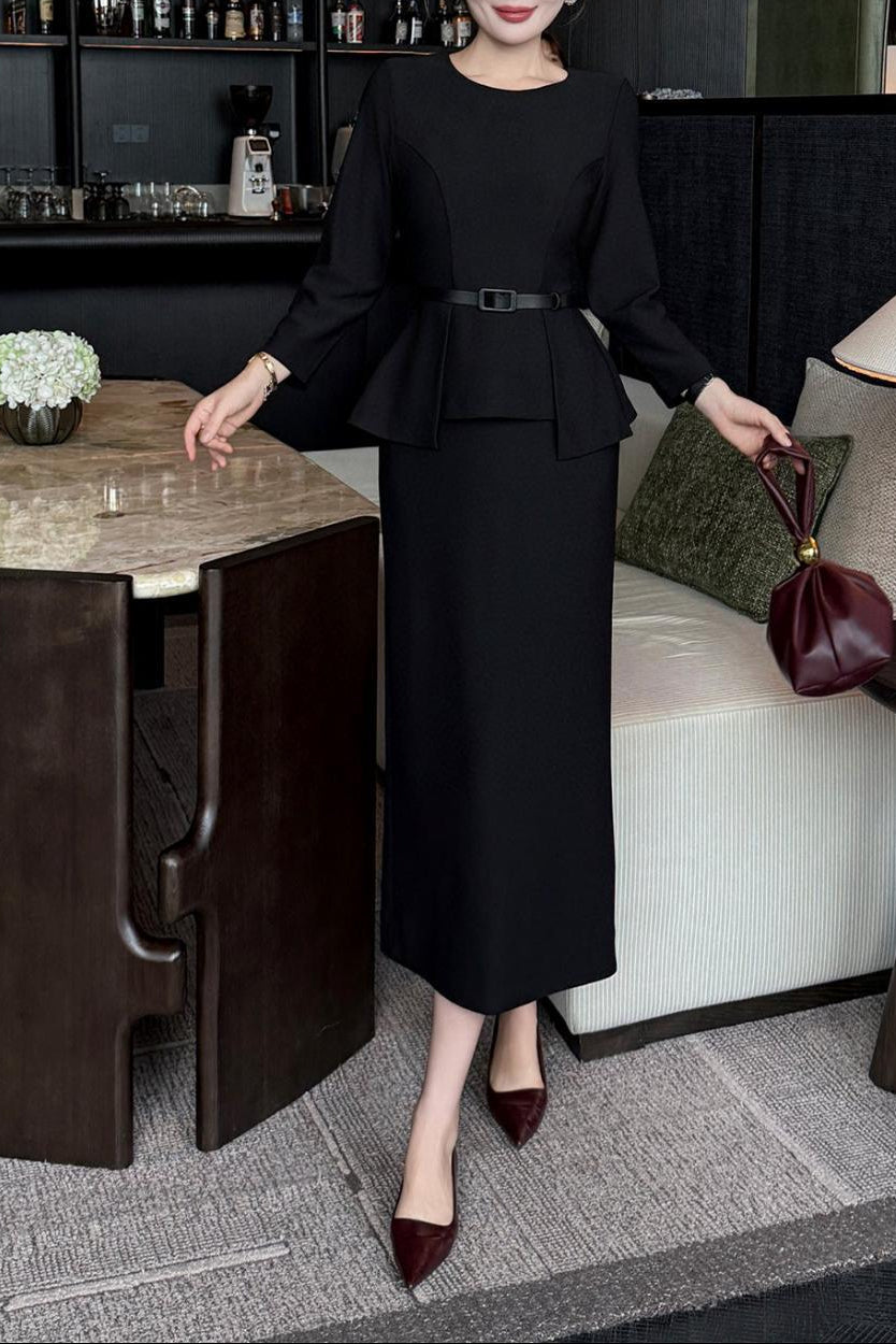 peplum midi dress with belted waist – MAROON