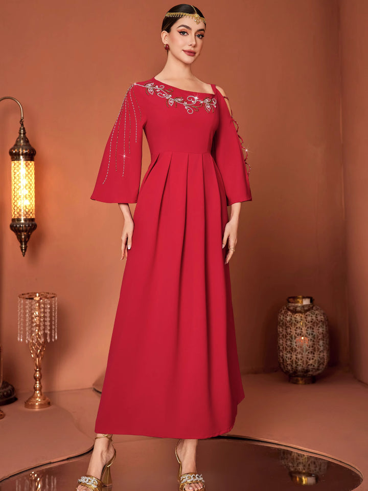 flare-sleeve A-line dress with embellished neckline - RUBINA