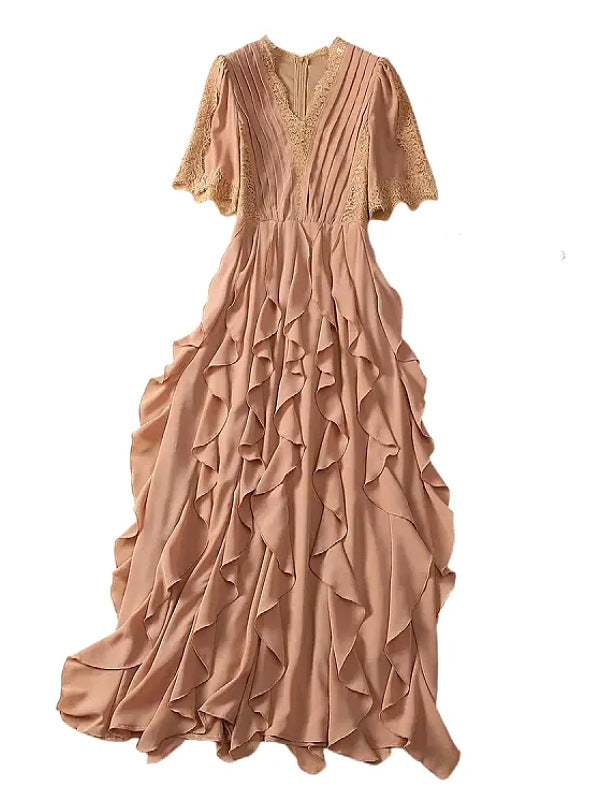 فستان ميدي من الدانتيل المطوي مع كشكشة متتالية – سيينا