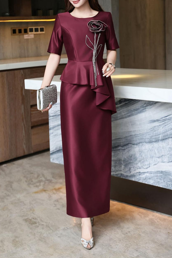 peplum midi dress with beaded floral applique – ASTRID