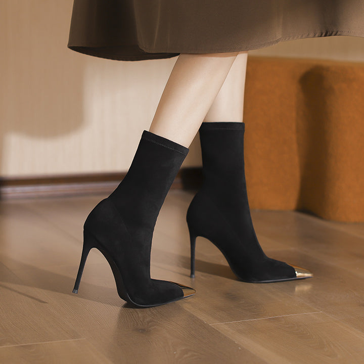 pointed-toe stiletto ankle boots with metallic cap – NOIRZI