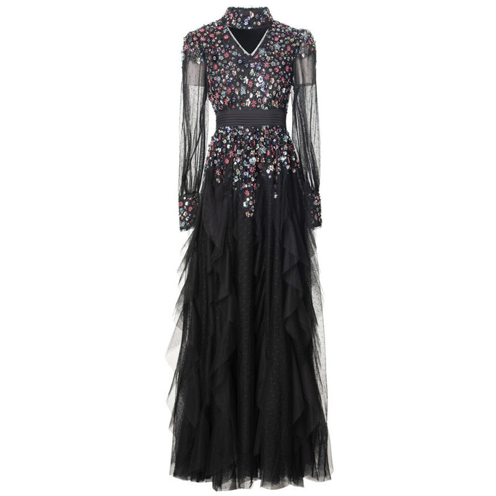 فستان تول بأكمام طويلة مع صدّار مزخرف – أورورا