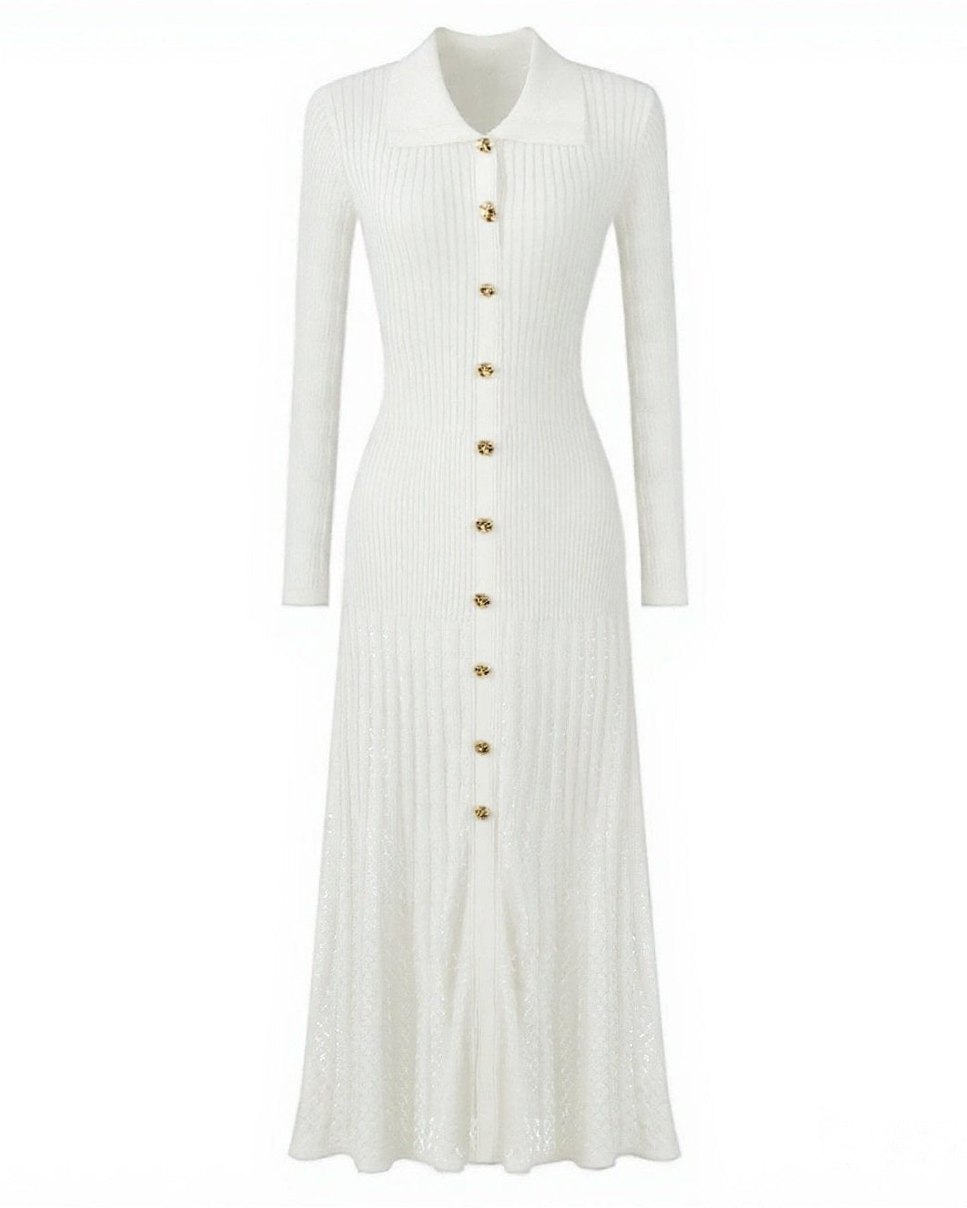 فستان ماكسي محبوك مضلع مع تفاصيل أزرار ذهبية - كيلينيت