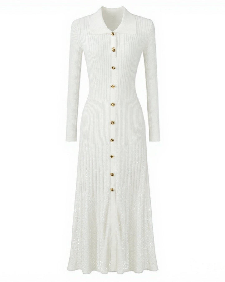فستان ماكسي محبوك مضلع مع تفاصيل أزرار ذهبية - كيلينيت