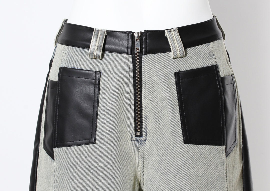two-tone wide-leg denim pants with faux leather panels – NOIR