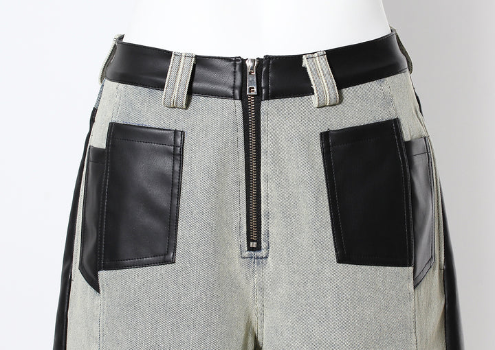 two-tone wide-leg denim pants with faux leather panels – NOIR