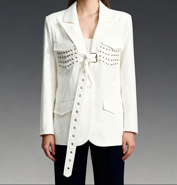 tailored blazer with studded flap pockets & belted front – ALESSA