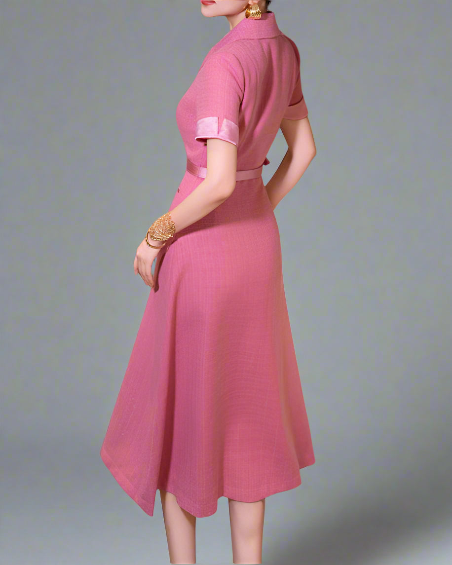 短袖中长连衣裙，配有3D花卉贴花 - BLOOMIQ 