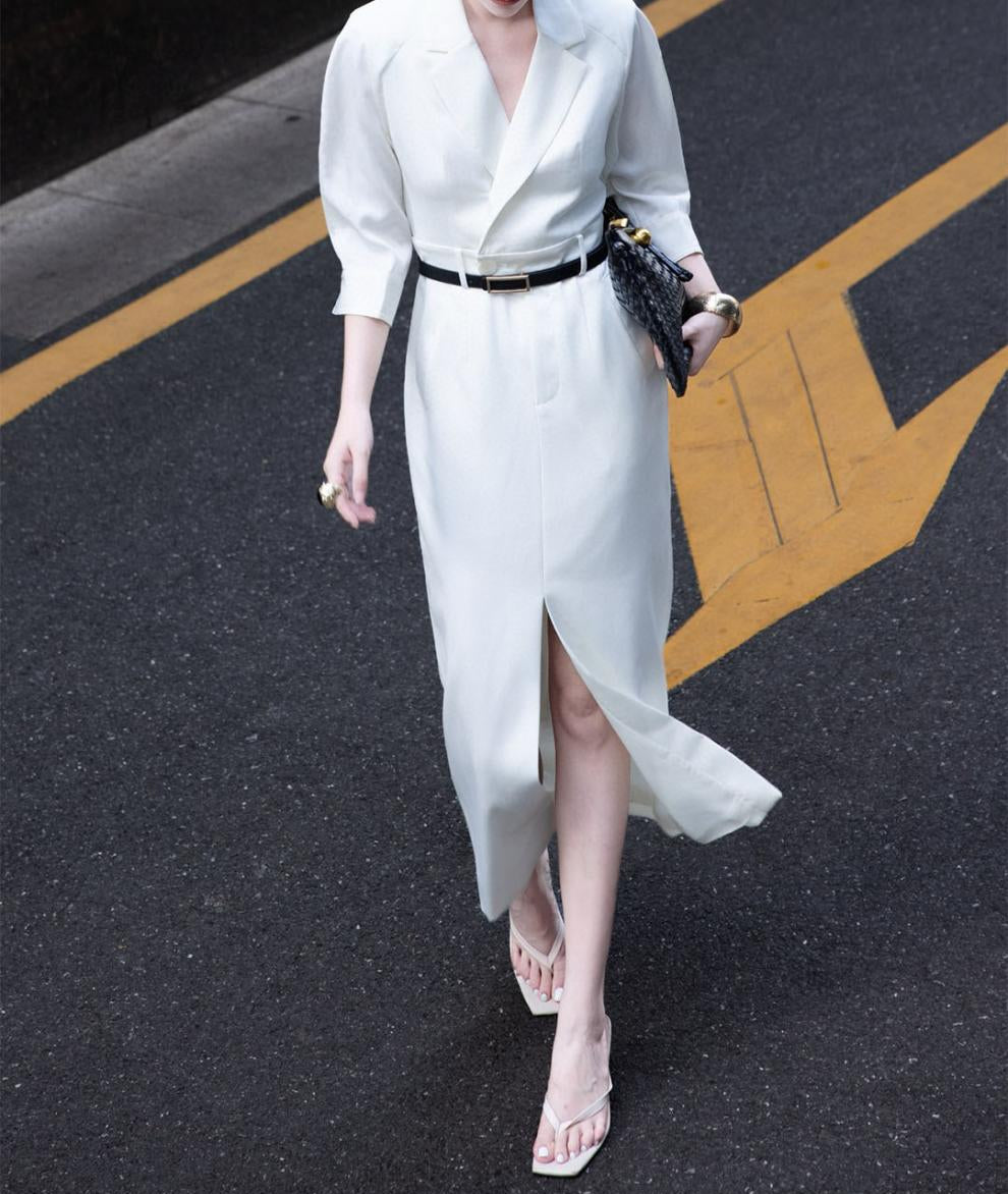 tailored wrap shirt-dress with front slit – VELINA