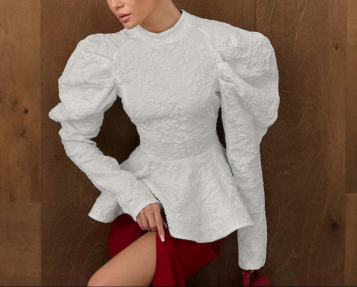 textured peplum blouse with sculpted puff sleeves – OPHELIA