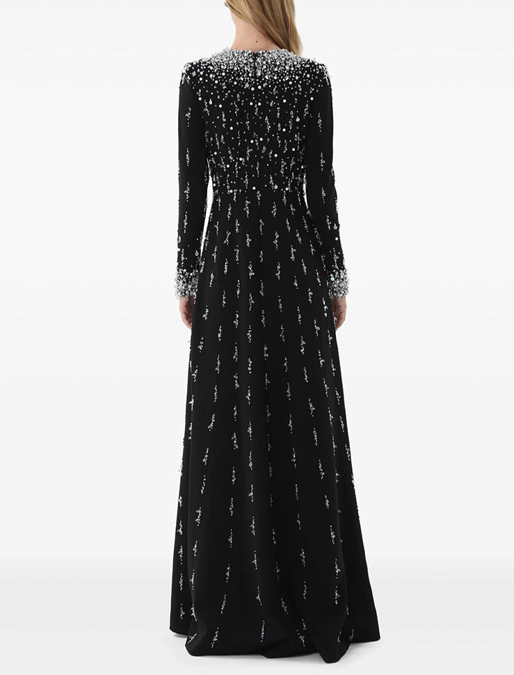 long-sleeve embellished gown with sequin gradient neckline - AMARA