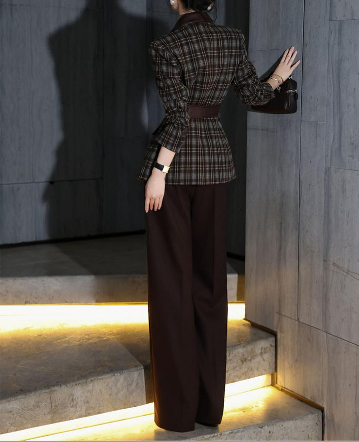 plaid tailored blazer with leather belt & wide-leg trousers – MARCELLA