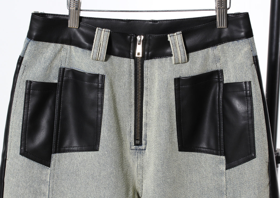 two-tone wide-leg denim pants with faux leather panels – NOIR