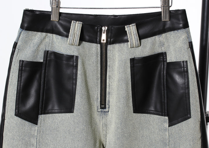 two-tone wide-leg denim pants with faux leather panels – NOIR