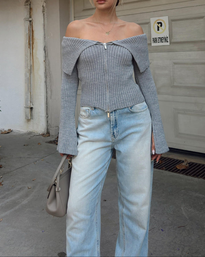 جاكيت محبوك مضلع مكشوف الكتفين بسحاب أمامي – ليكساني