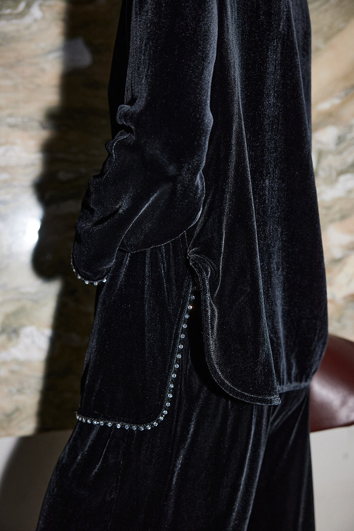 asymmetric velvet blouse with beaded trim – VELORA