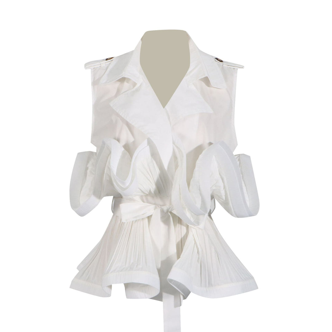 Sleeveless Pleated Ruffle Waistcoat with Tie Belt – AURELIA
