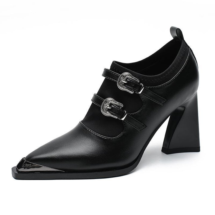 pointed-toe block heel pumps with double buckle straps – VERAVTI