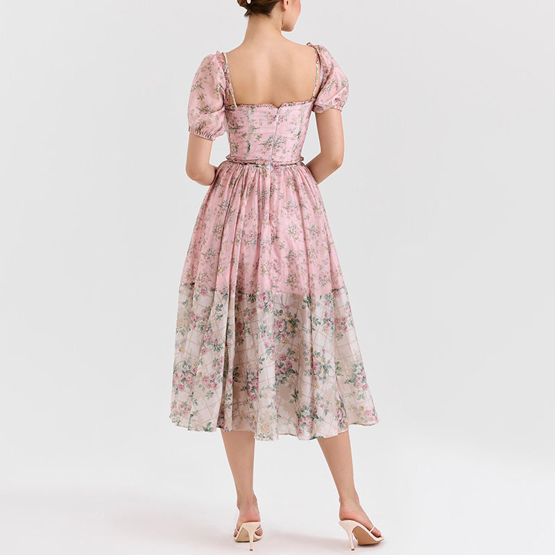 puff-sleeve corset dress with layered floral skirt – AKIALZU