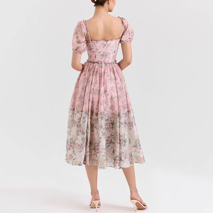 puff-sleeve corset dress with layered floral skirt – AKIALZU