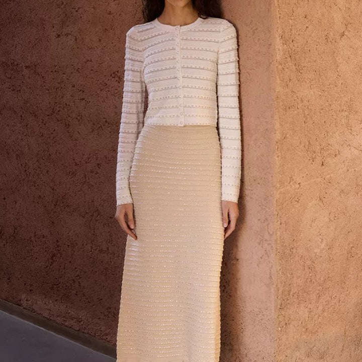 Geplooide top met uitlopende mouwen en maxi-rok set met tailleband – Rosiny 