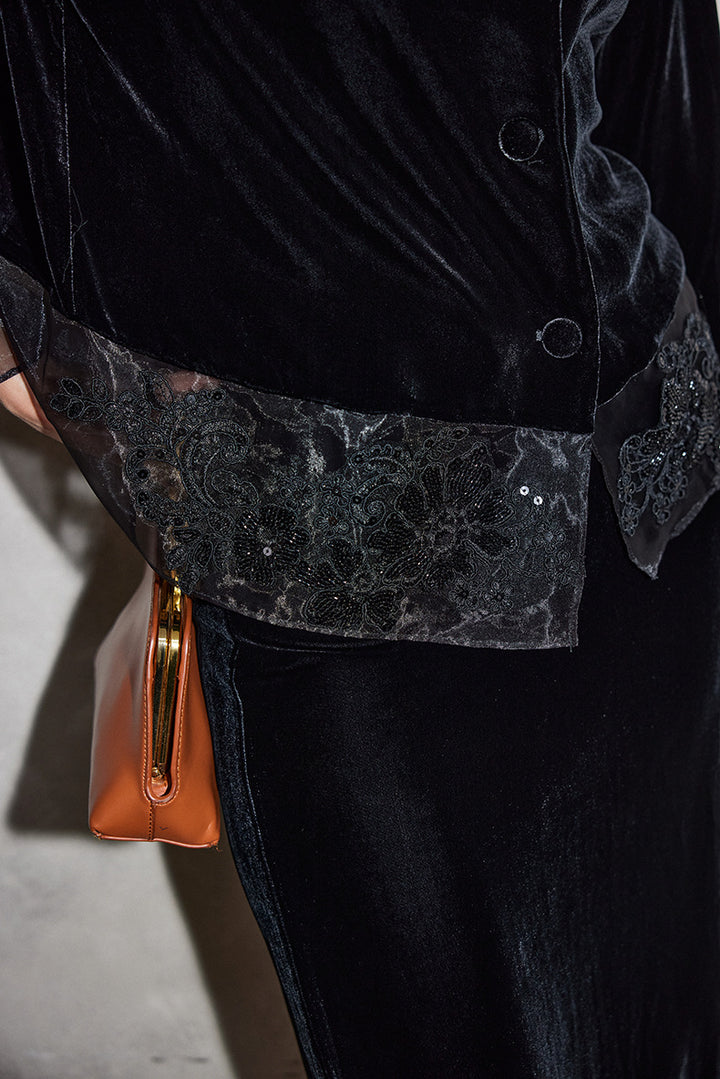 velvet button-front jacket with sheer lace hem – SUMMR