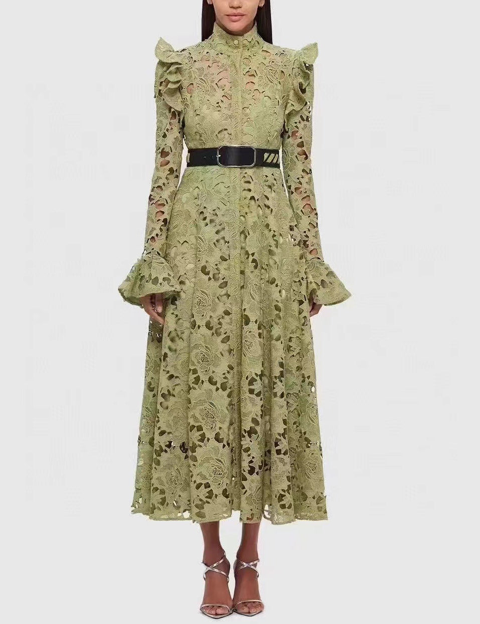 long-sleeve lace midi dress with ruffled shoulders – IVORIE