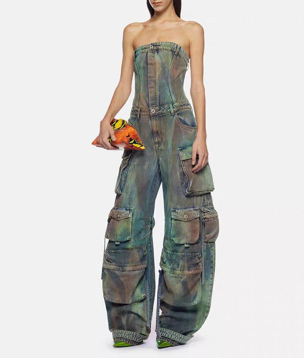 strapless denim cargo jumpsuit with wide-leg design – NOLIVIRA