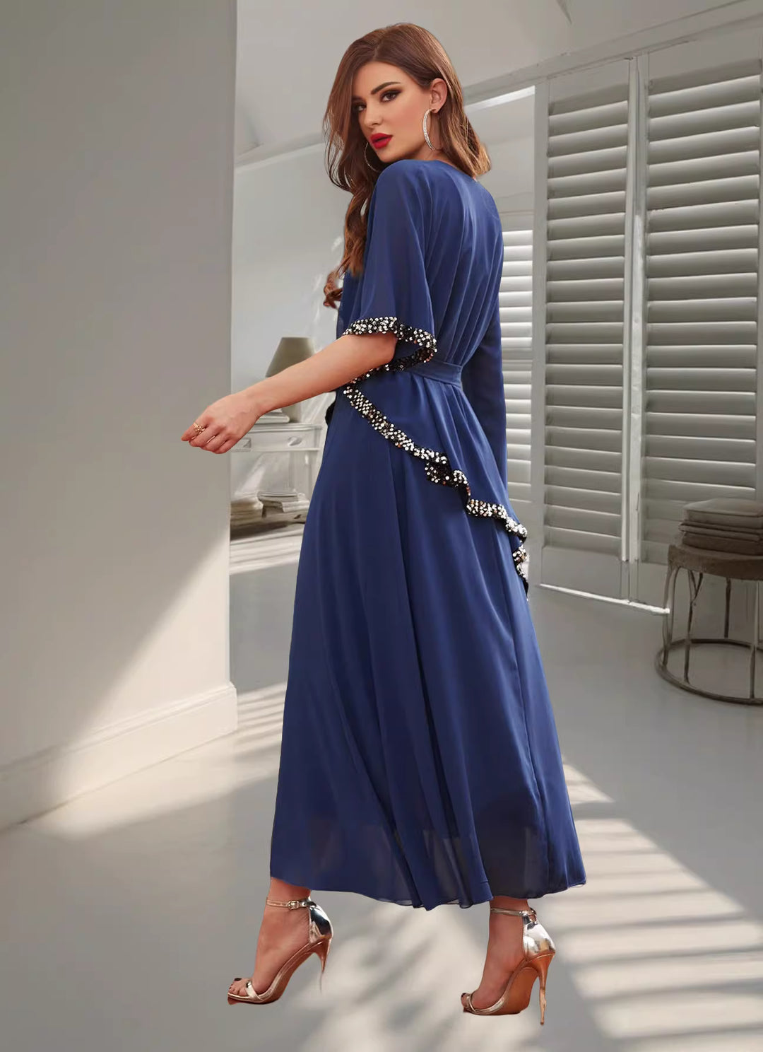 فستان ماكسي أنيق بأكمام طويلة وربطة خصر - راين