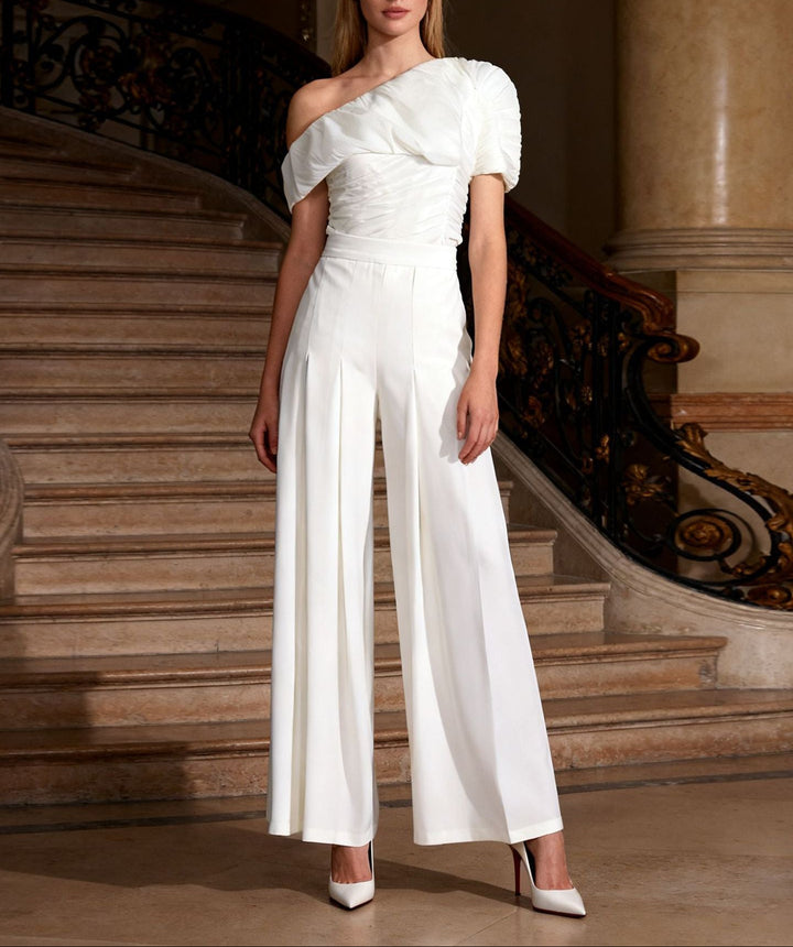 One-shoulder pleated wide-leg jumpsuit – AURORA