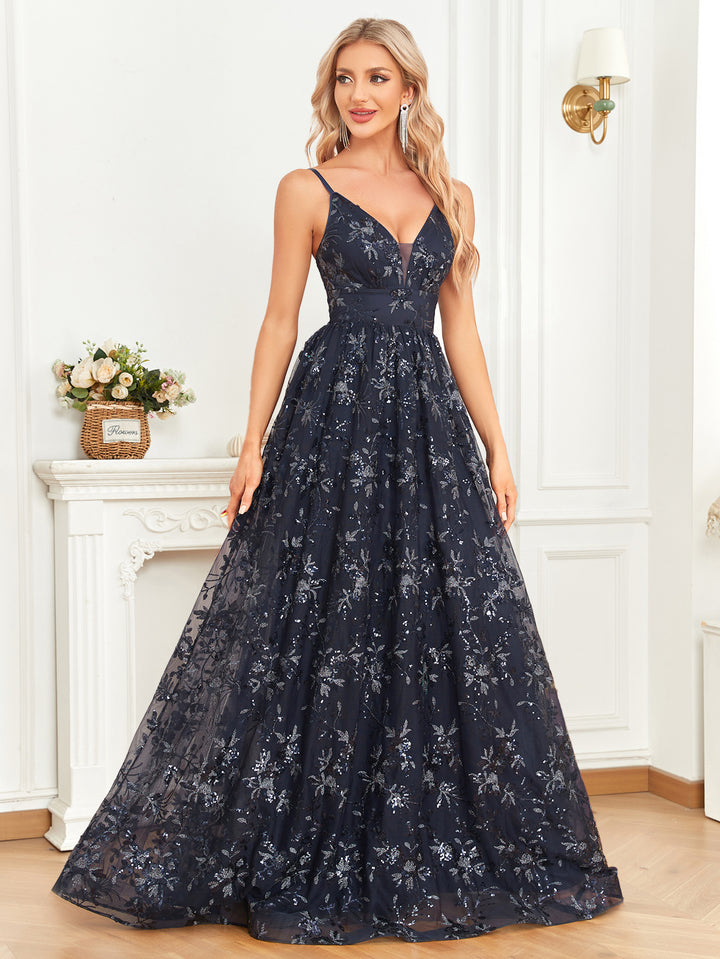 floral embroidered gown with illusion neckline – STARRY