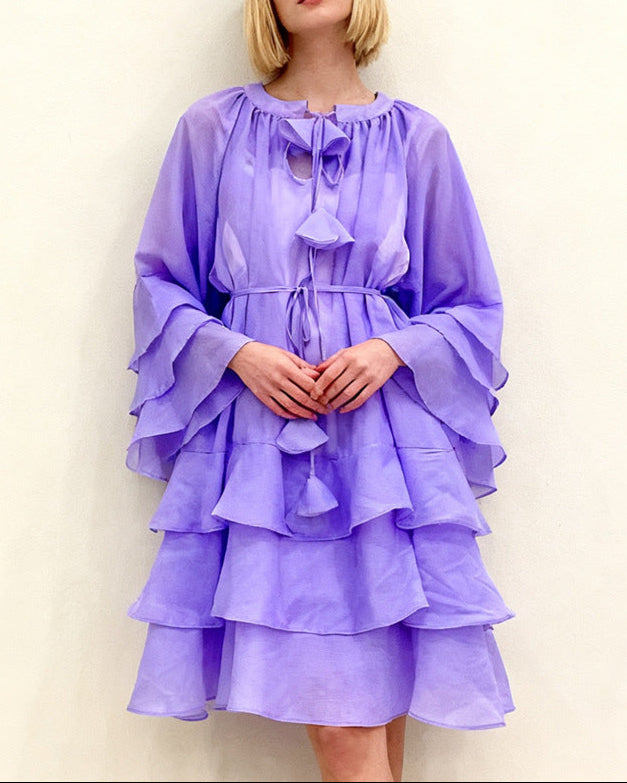 layered ruffle chiffon dress with tie neckline – AURORADI