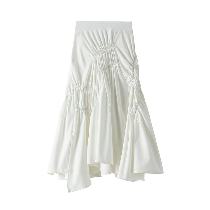 asymmetric ruched midi skirt with draped panels – SOLENE