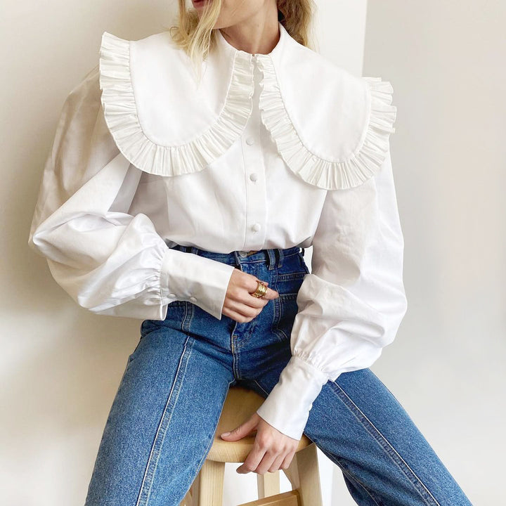 puff-sleeve blouse with oversized ruffled collar – ELARA